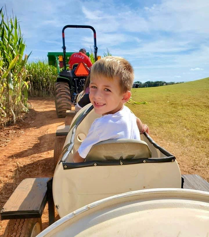 Boy smiling in a tractor pulled train ride