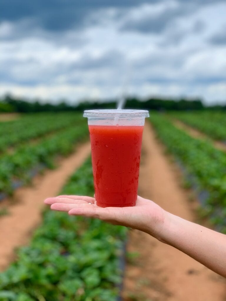 hand holding a strawberry slushie