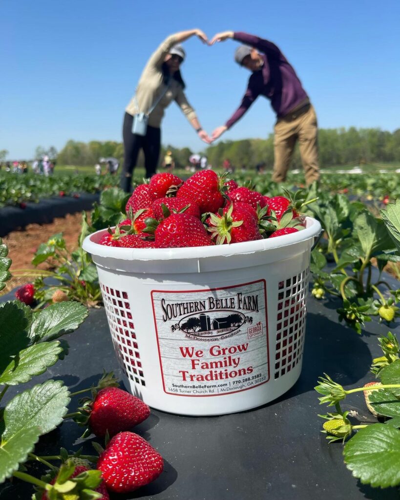 Couple making a heart with their arms and a bucket of strawberries